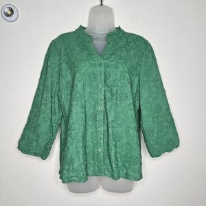 Soft Surroundings 100% Cotton Boho Embroidered Green Eyelet Puff Sleeve Blouse